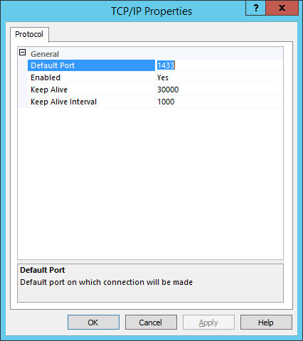 Windows Microsoft SQL Server Configuration Manager TCP/IP Properties dialog box where Default Port property is selected